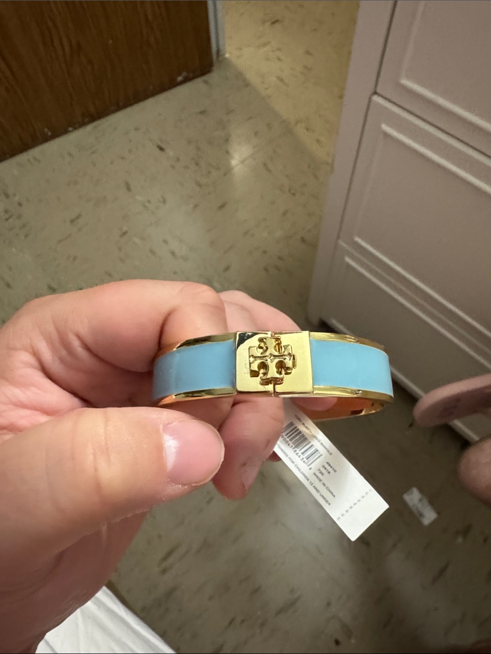 Tory Burch Gold and Light Blue Enamel Logo Hinge Bracelet